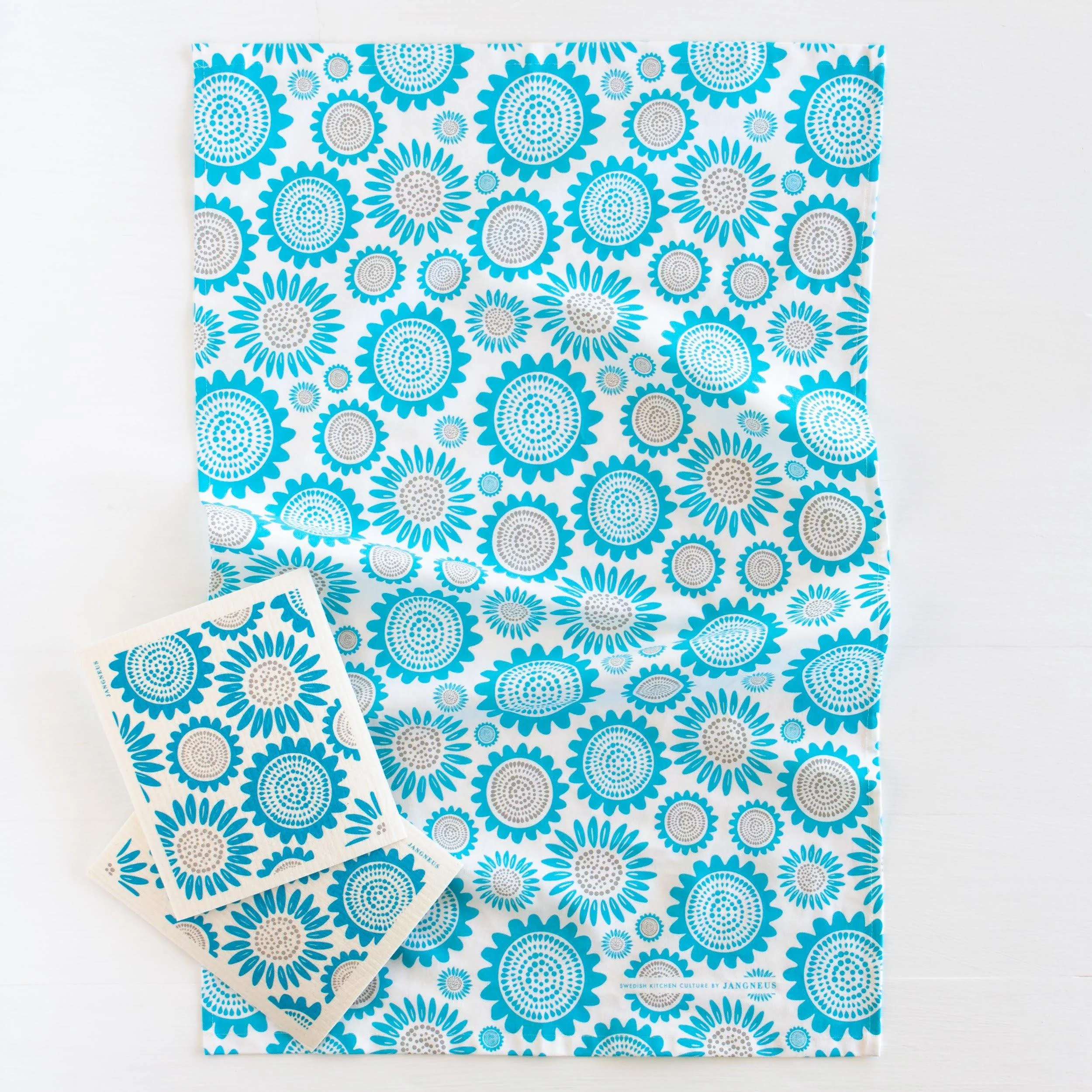 Swedish Dishcloths & Tea Towel Set – Turquoise Sunflowers - Image 2