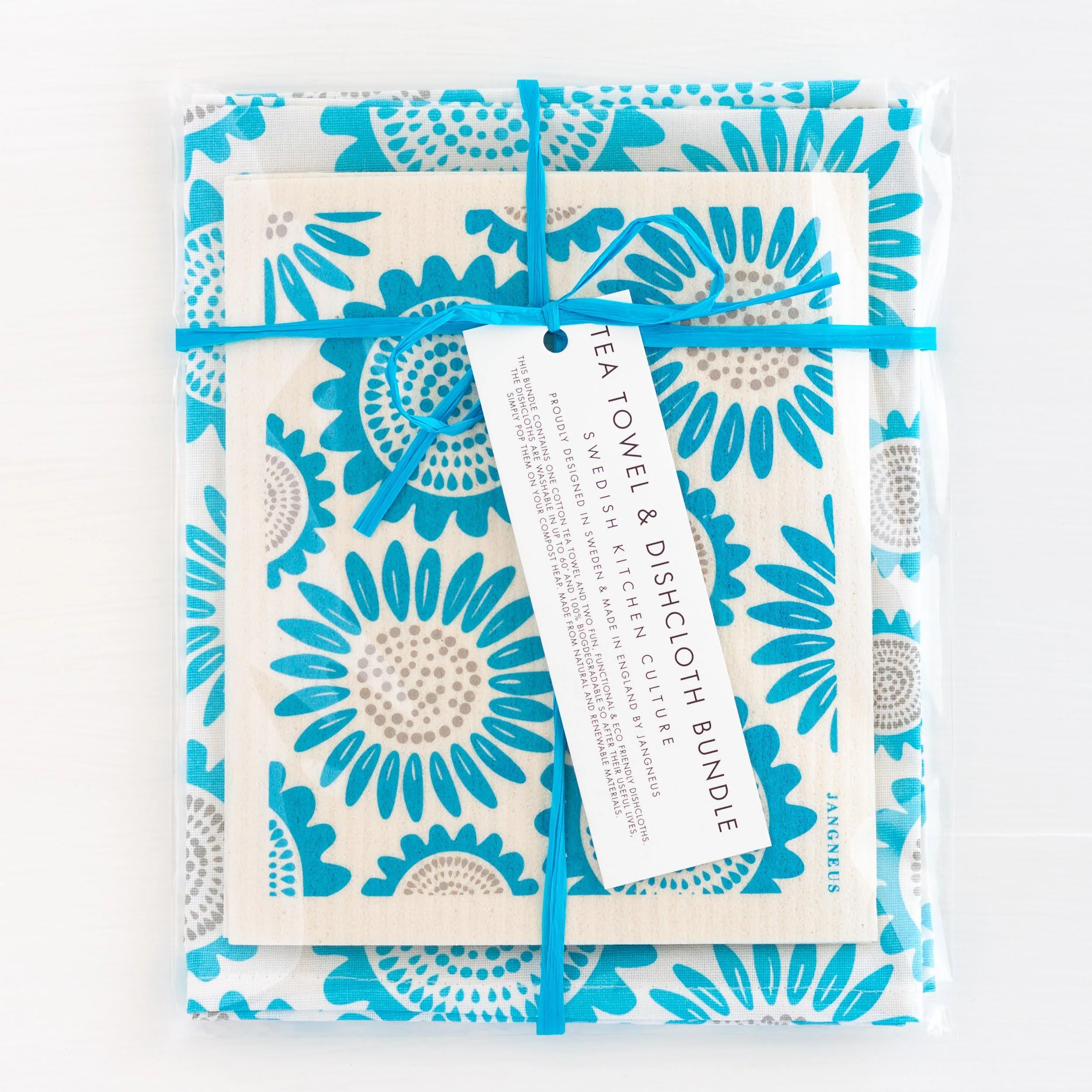 Swedish Dishcloths & Tea Towel Set – Turquoise Sunflowers - Image 3